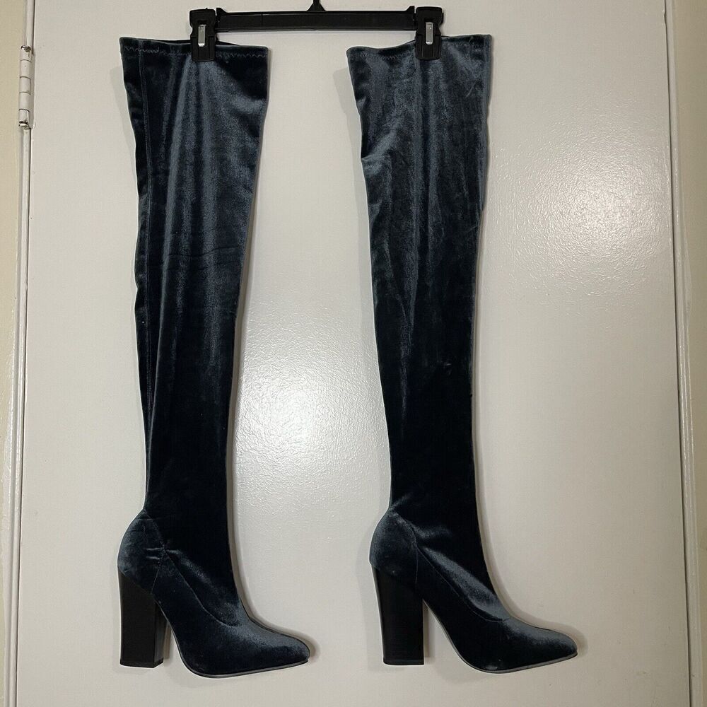 ZARA teal blue point toe velvet velour thigh high sock heeled boots 37 US 6.5